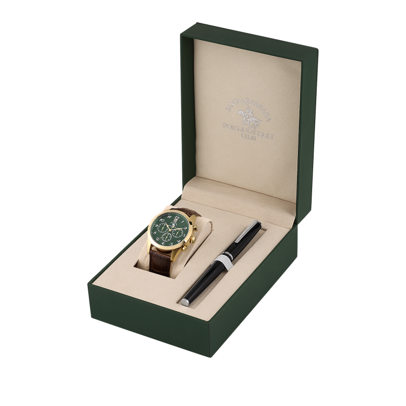Santa Barbara Polo & Racquet Club Noble Dark Brown Genuine Leather Watch and Pen Set for Men SB.1.10551-5